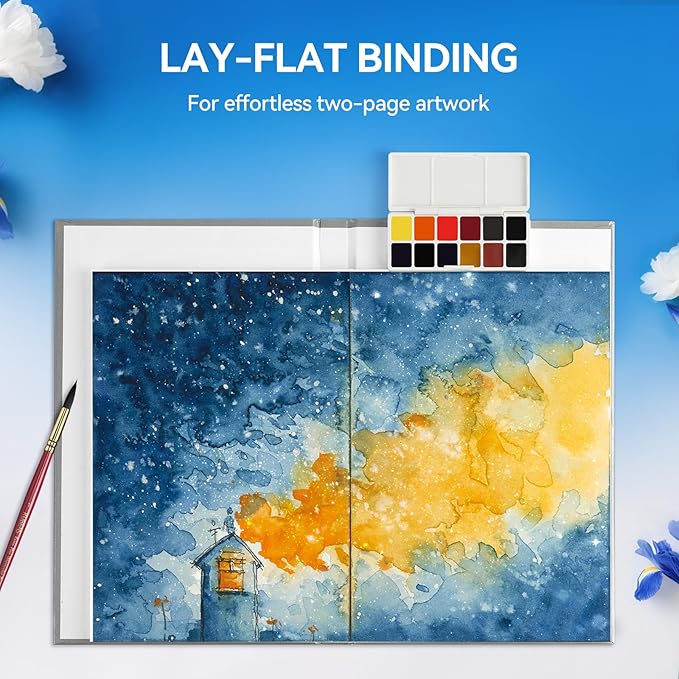 Paul Rubens Travel Watercolor Sketchbook, 24 Sheet 140lb/300gsm 100% Cotton Acid-Free Hot Press Watercolor Journal with Glitter Effect (7.67"x5.31"), with 12-Color Travel-Size Artist Grade Water color