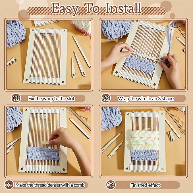 Juexica 7-Piece Weaving Loom Kit for Beginners, Complete Wooden Small Weaving Loom with Stick,Comb,Crochet Needle, DIY Craft Kit for Adults, Ideal Gift for Mother's Day Birthday Christmas(Beige)