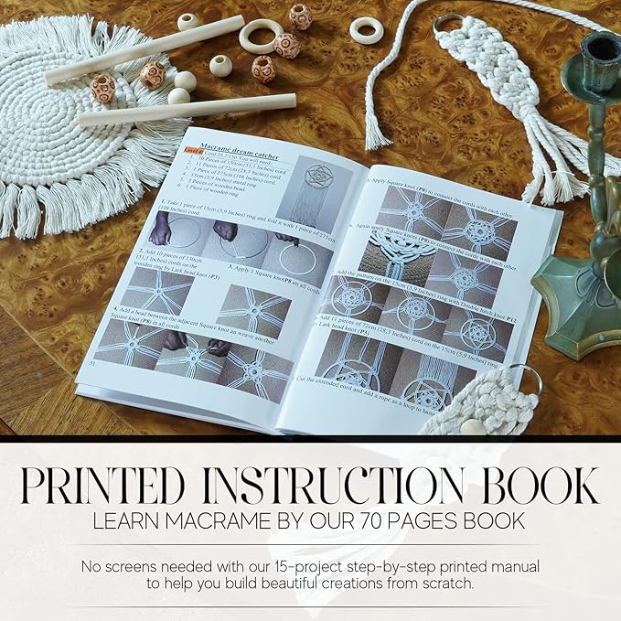 macrame kit for beginners 153pc, 15 projects book, 164yd cotton macrame cord, wooden beads & sticks, wooden & metal rings, gift box, book & accessories, perfect macrame starter kit