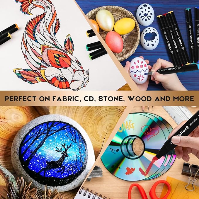 caliart markers, 100 colors dual tip art markers sketch pens permanent alcohol based, with case for adults artists drawing illustration sketching coloring (black barrel)