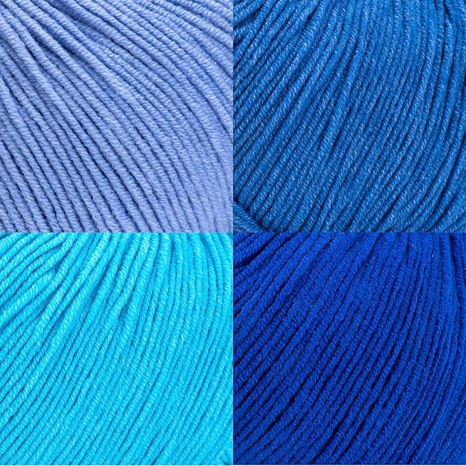 Cotton Yarn Kit - 4 Multicolor Balls Soft Sport Weight Yarn for Crochet & Amigurumi - 50g / 175yds Each & 10 Stitch Markers (H09 - Ocean/Blue)