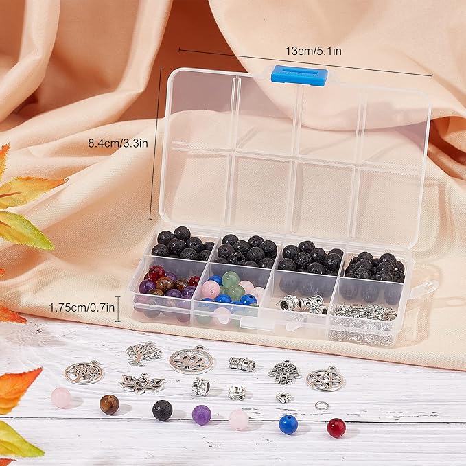 SUNNYCLUE 1 Box DIY 6 Pcs Yoga Charms Tree of Life Charms Bracelets Making Kit Hamsa Charm Lotus Flower Charms for Jewelry Making Beading Bracelet Kit Adults Tiger Eye Round Beads Lava Rock Bead Set