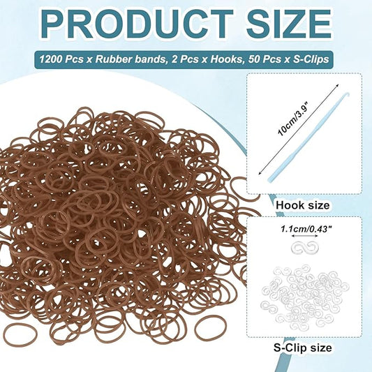 MECCANIXITY 1200 Pcs Loom Rubber Bands Kit with 50 Pcs S-Clips 2-Hooks Rubber Bands Refill Bracelet Making Kits for Weaving DIY Handcrafts Gift, Brown