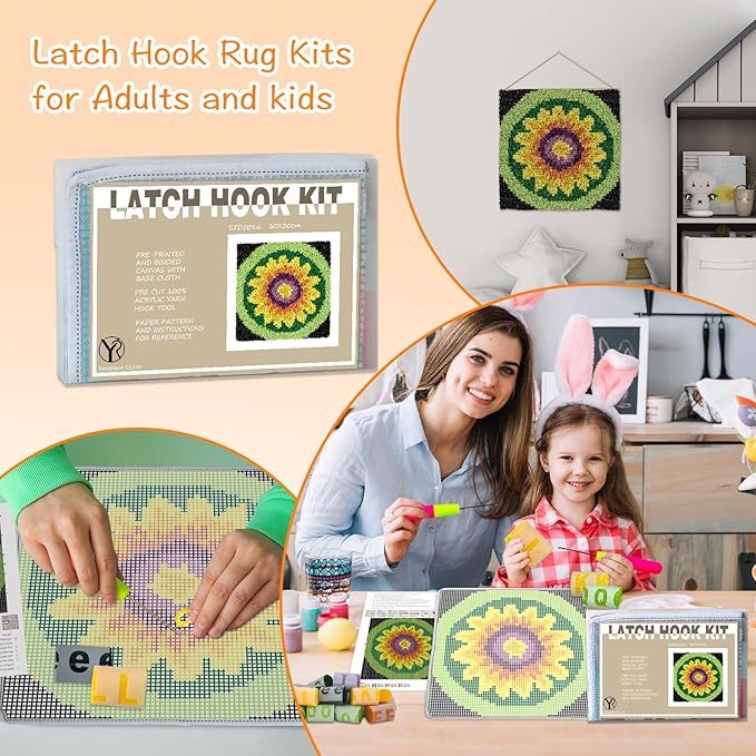 YP Sunflower Latch Hook Rug Kit for Adults Beginners - 12x12 Inch DIY Craft Crochet Rug, Beginner-Friendly Art Project for Home Decor, Easy-to-Make Needlecraft Kit