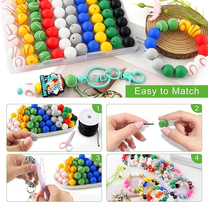 70Pcs Print Silicone Beads for Keychain Making,Round 15mm Silicone Beads for Pens, Necklace and Bracelets Making(Ball Print)