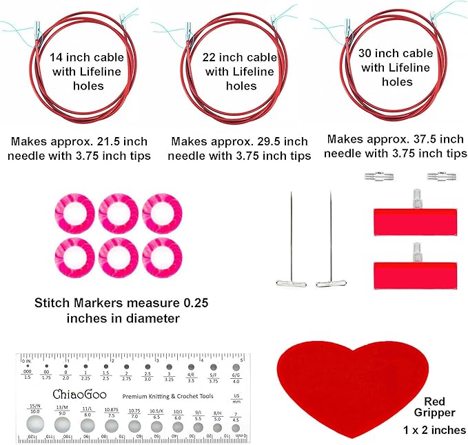 ChiaoGoo Twist Red Lace 5-Inch Mini 7500-M Interchangeable Circular Needle Set, Sizes US 000, 00, 0, 1, 1.5 with 3 Cords, Connectors, Stitch Markers, Stoppers with Project Bag