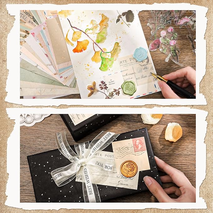 Prudiut 445 Pcs Vintage Scrapbook Paper, Journaling Supplies Kit, Delicate Decorative Paper with Floral Stickers & Multi-Size Scrapbook Paper for Junk Journal, DIY Collage Art, Vintage Crafts
