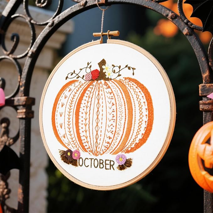 Easy Beginners Embroidery Stitches Practice Kits for Adults, Fall Pumpkin Embroidery Starters Kits for Beginners to Learn 26 Stitches, Autumn Hand Embroidery Set Craft for Women & Video Tutorial