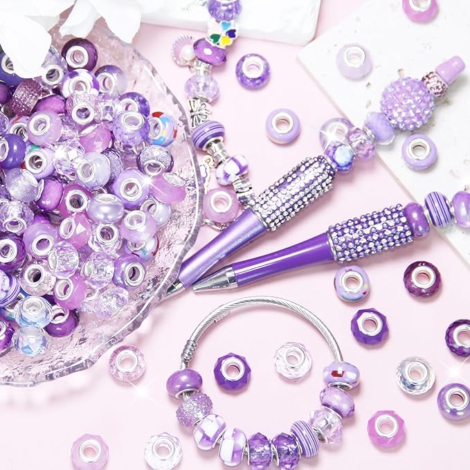 200Pcs Large Hole Beads Purple Assorted European Craft Big Beads Large Hole Lampwork Murano Bead Fairy Wand Garden Bead for DIY Charm Bracelet Necklace Jewelry Making Decoration Supplies