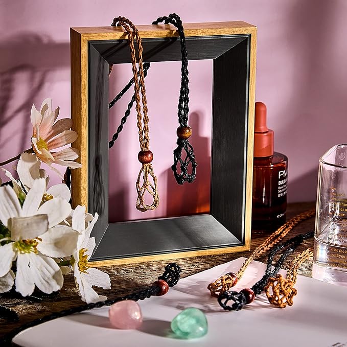Hicarer 6 Pieces D20 Necklace Cord Empty Stone Holder Empty Necklace Holder Quartz Crystal Stone Cord, 3 Sizes Adjustable Cage Fish Netted for DIY Jewelry Making(Black,Brown)