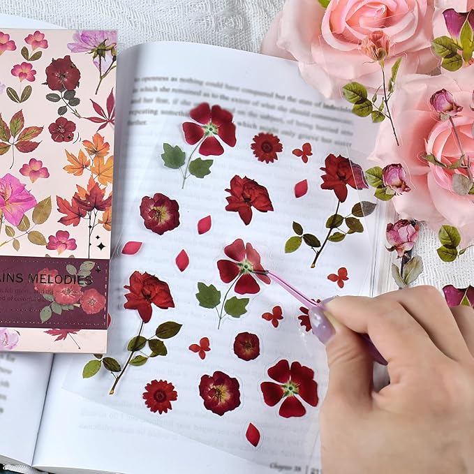 DAPUTOU 400PCS Plants Floral Scrapbook Stickers Kit Vintage Flowers Fall Maple Leaves Transparent Waterproof Stickers Book for Scrapbooking Supplies Aesthetic Junk Journal Journaling Craft 20-Page