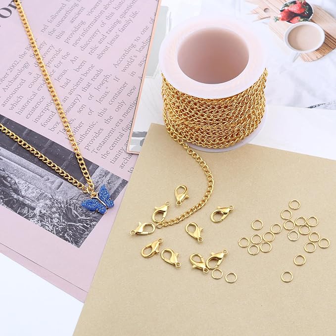 Lemonkey 33 Feet Metal Gold Necklace Chains Curb Links Chains Bulk for Jewelry Making DIY Craft Kit with Lobster Clasps Jump Rings