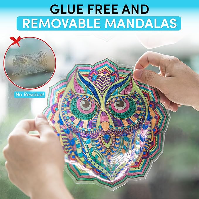 Hula Home Stained Glass Mandala Art Kit - Animal DIY Window Clings with Markers, 10 Suncatchers - Perfect Hobby for Adults, Kids, Teens & Seniors - Ideal Gift for Beginners, Women & Elderly - New