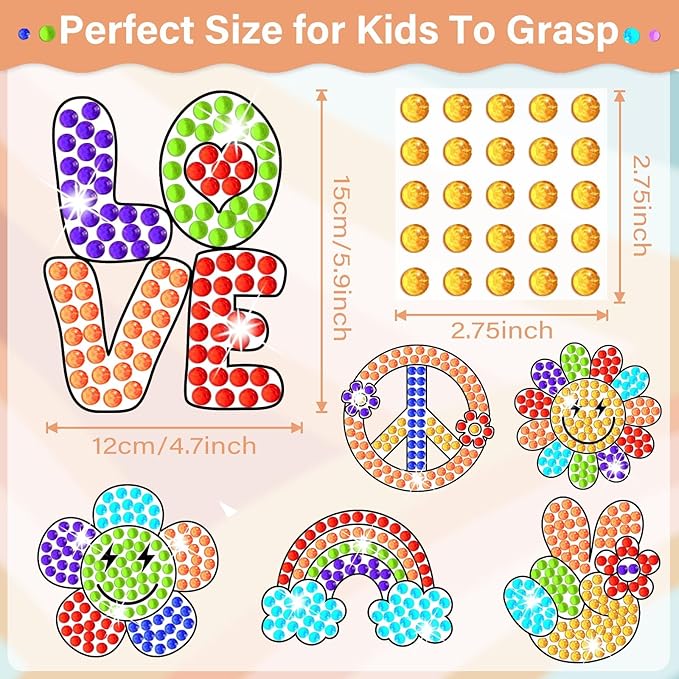 Qyeahkj 6 Pcs Groovy Arts and Crafts, Retro Art Crafts Boho Hippie Suncatcher Kits for Children at 6-8, 70s Groovy Dot Art DIY Diamond Painting Coloring Kits Window Clings Stickers for Kids