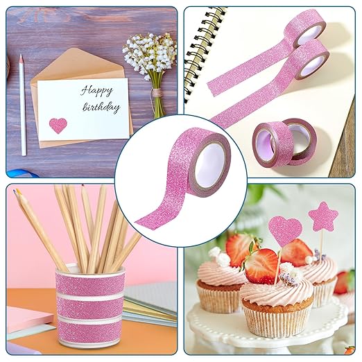 Pink Glitter Washi Tape, 8 Rolls Crafting Tape Pink Painters Adhesive Tape Glitter Tape for Crafts Glitter Border Masking Tape for Festival Decoration Scrapbooking Holiday Gift Wrapping 0.6 Inch