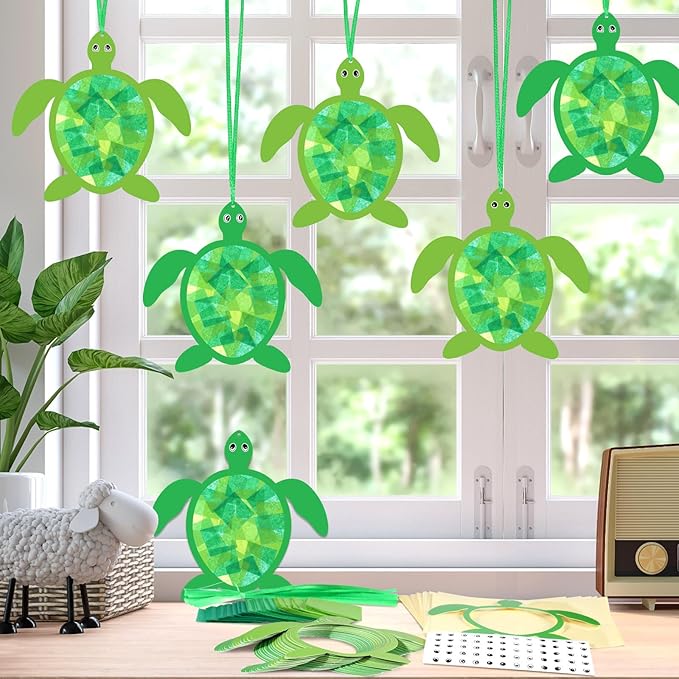 30 Pcs Sea Turtle Suncatchers Paper Craft Set Ocean Tortoise DIY Stained Glass Effect Tissue Paper Kits Gift Bulk for Summer Activities Art Party Decor