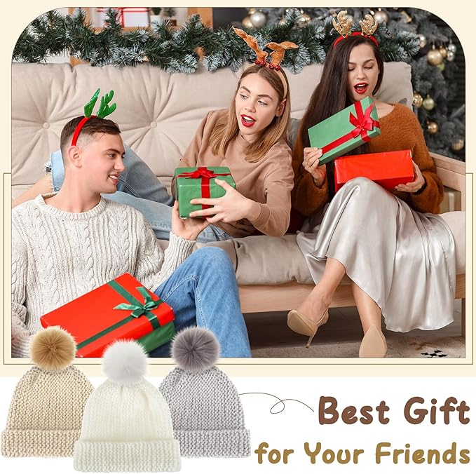 Syhood Knitting Kits for Beginners Adults Hat Knit Kit with Yarn, Bamboo Needles, Faux Pom Practical and Easy to Use Complete Beginners for Women and Men Lovely Present(White, Khaki White, Khaki)
