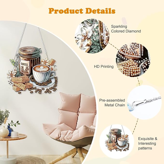 HEIBAGO Diamond Art Hanging Kits for Adults Kids, Hanging Diamond Art Fall, 5D Special Shaped Crystal Diamond Painting Kit Coffee, DIY Pattern Window Pendant for Home Wall Decor 8.3x8.3Inch