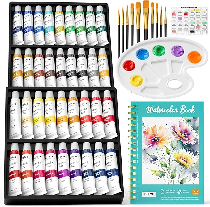 nicpro watercolor paint set for adults, 36 colors watercolor tube set (12ml,0.4oz) with10 paint brushes, 25-sheet watercolor paper book, palette, water color painting supplies for artists beginners gift