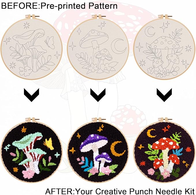 Nuberlic 3 Pack Punch Needle Kits for Beginners Mushroom Embroidery Pattern with Hoop Embroidery Punch Needle Starter Craft Set, Perfect Handmade Gift for Adults & Teens (Beginner-Friendly Crafts)