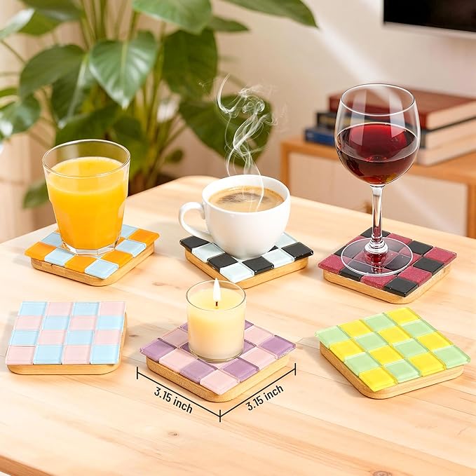 ZAIONE Mosaic Coaster Craft Kit: 6 Sets Easy DIY for Art Beginner Square Checkered Glass Tiles No Grout Needed - Craft Party Home Decor Gift