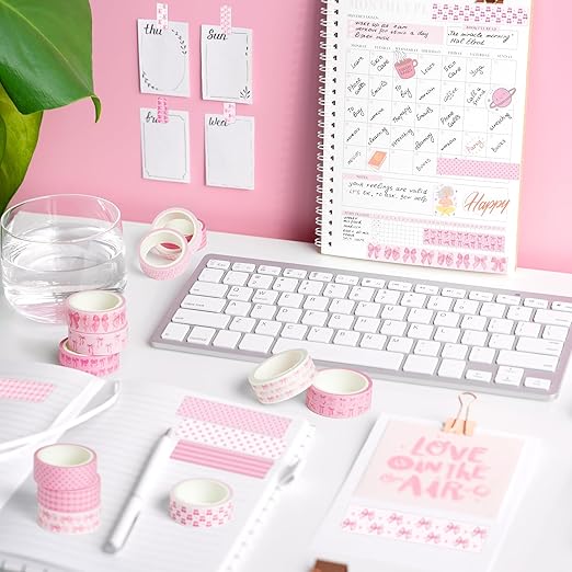 12pcs Pink Bow Washi Tape, Trendy Watercolor Pink Bow Cherry Preppy Aesthetic Decorative Tape, Cute Bowknot Heart Buffalo Plaid Artistic Tape for DIY Craft Scrapbook Wrapping Decor