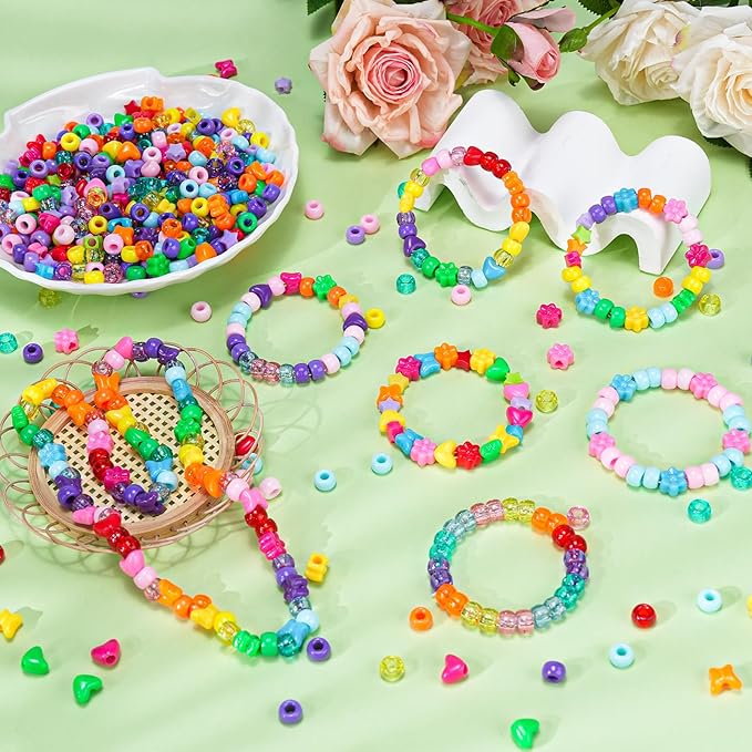 Rainbow Pony Beads Mix 1000pcs Easter Basket Stuffers, Hearts Flowers Stars Butterflies Assorted Bead Charms Set, Colorful Craft Beads for Bracelets Jewelry Making DIY Art Projects