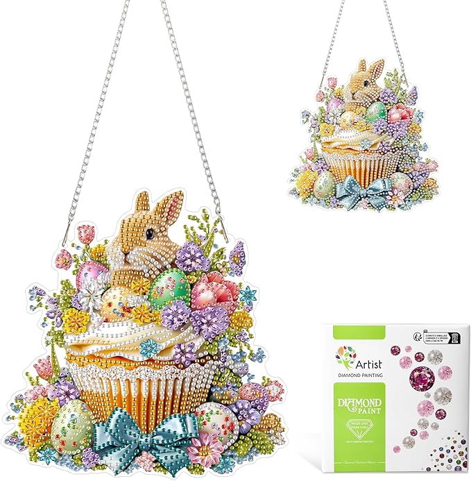 MAXBYE Easter DIY Diamond Art Kits for Adults Hanging Pendant Bunny in a Bamboo Basket, Painting Diamond Gem Art Hanging Kits for Beginners Gift Window Wall Door Decoration 8×12Inch