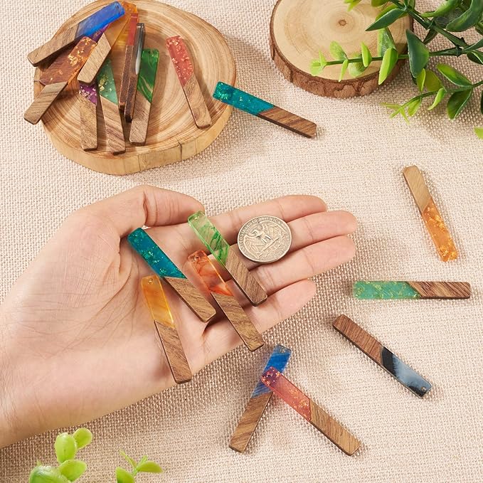 Beadthoven 20pcs/10 Pairs Rectangle Bar Charms DIY Bohemian Earrings Transparent Resin Wood Pendants Gold Foil Watercolor Natural Wooden Pieces Tag Pendants for Fashion Jewelry Making Necklace