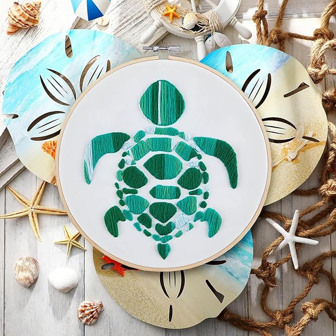 Sea Turtle Embroidery Kits for Beginners Adults, Hand DIY Embroidery Starter Kit, Stamped Cross Stitch Kits for Beginners Adult Craft Kits for Women, Entire Set of Embroidery Supplies & Video Tutorial