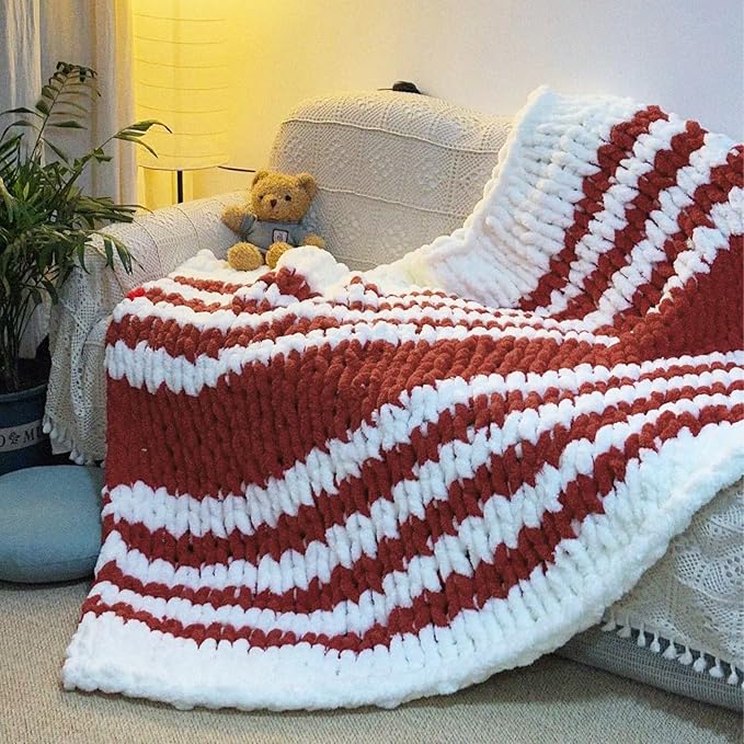 Chunky Chenille Yarn for Hand Knitting - Fluffy Soft Jumbo for Circular Needle & Crochet Hook, Super Bulky Big for Chunky Blanket, Large Thick Arm Knitting, 3 Pack, Dark Red
