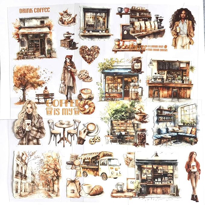 20 Sheets Coffee Sticker Book for Journaling, Fashion Colored Girl Sticker Book for Scrapbook Supplies, Pre-Cut Aesthetic Waterproof PET Translucent Stickers for Junk Jounal Bujo