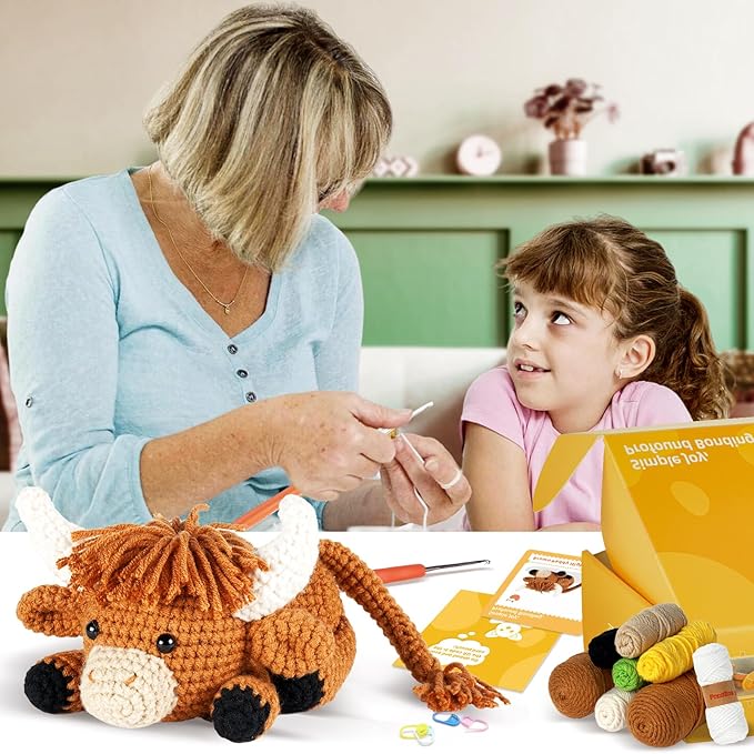 MOREJMTT Crochet kit for Beginners Adults, Learn to Crochet, Include Easy Knitting Soft Yarn, Step-by-Step Video Tutorial, Hook, Holiday Birthday Gift (Highland Cow)