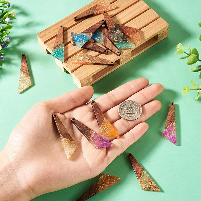 Beadthoven Colorful Resin Long Triangle Charms for Earrings Making, 16pcs/8 Pairs Resin Wood Charms with Gold Foil Hanging Ornaments Wooden Pieces for Jewelry Making Necklace Bookmarks DIY Crafts