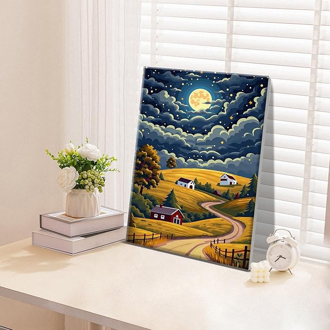ATDMS Paint by Numbers Kit for Adults with Frame Landscape Paint by Number with Easel Moon Adult Paint by Number Kits Framed Canvas DIY Mountain Acrylic Oil Painting kits for Home Wall Decor 8x12 Inch