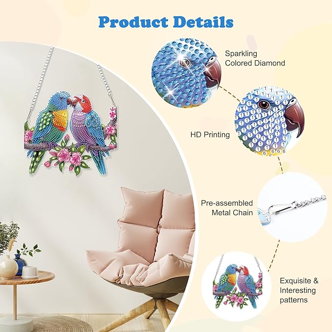 HEIBAGO Bird Diamond Art Hanging Kits for Adults, Two Birds Diamond Art Suncatchers, 5D Special Shape Diamond Painting Pendant,DIY Window Ornament Gifts for Home Garden Door Wall Decor 8.3x8.3 in