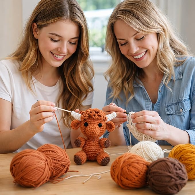 HOUSE CREATIVITY Beginner Crochet Kit for Adults, Beginners Crocheting Knitting Kit with Yarn Sets, Step-by-Step Video Tutorials,Animal Craft Kit, Holiday Birthday Gifts(Cows)