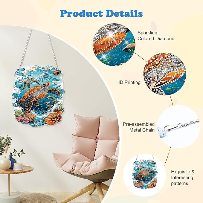 HEIBAGO Diamond Art Hanging Kits for Adults Kids, Hanging Diamond Art Sea Turtle, 5D Special Shaped Crystal Diamond Painting Kit, DIY Pattern Window Pendant for Home Wall Decor 8.3x8.3Inch