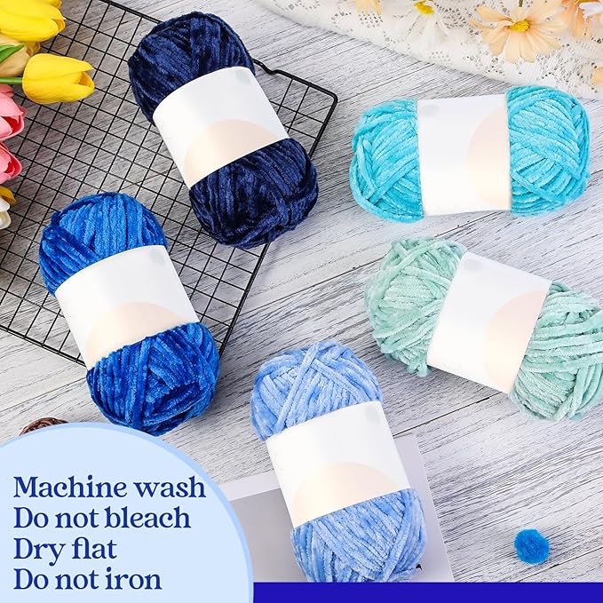 Woanger 20 Skeins Soft Chenille Yarn Velvet Blanket Yarn for Crocheting Hand Knitting Weaving DIY Craft, 10 Colors, 93 Yards Each (Blue Tone)