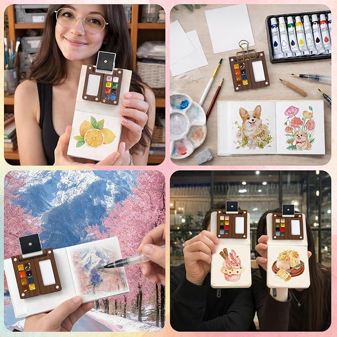 Mini Watercolor Paint Set - Mini Travel Watercolor Palette Set, Pocket Water Color Paint Palette Kit with 12 Colours, Sketchbook, Pens, Wooden Paints Box for Painters Artists