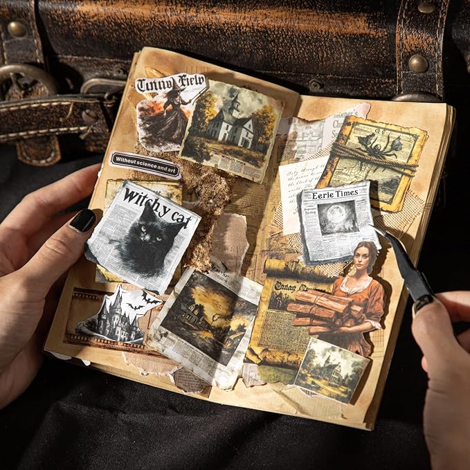 Witch Newspaper Dark Collage Stickers – 80pcs Vintage Gothic Paper Cutouts, Pre-Cut White Kraft Ephemera for Scrapbook Journal Junk Journal DIY Crafts