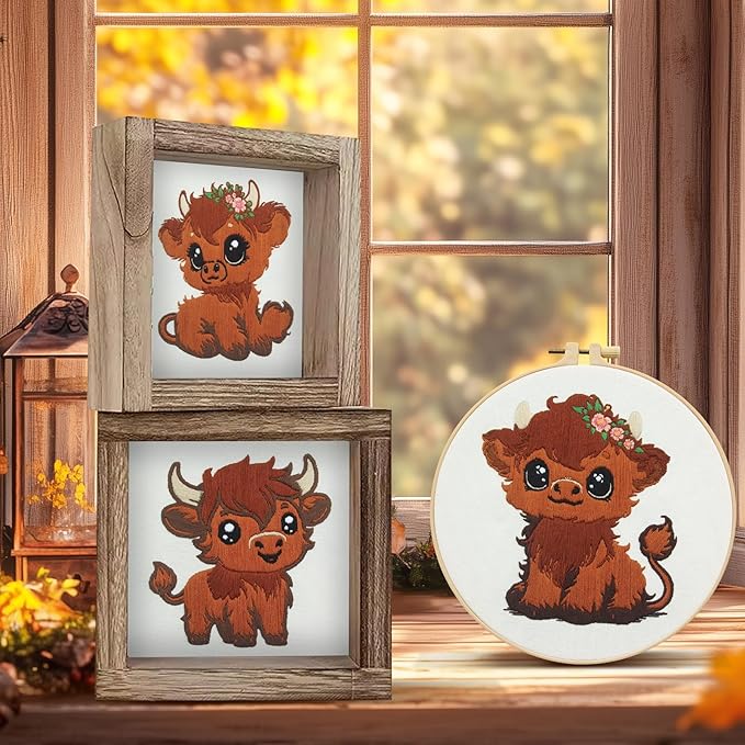 Kuabiz 5 Sets Highland Cow Embroidery Kits for Beginners Cross Stitch Kit for Adults Highland Cow Pattern Embroidery Starter Kit Embroiderys Hoop Needlepoint Kits with Instruction Needles Threads
