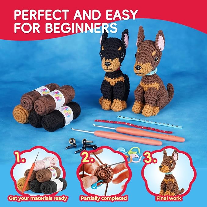 LUDOTEK Crochet Kit for Beginners, Crochet Animal Kits,Crocheting Kit for Starters with Step-by-Step Video Tutorials, Beginner Crochet Kits for Adults(2 Pack Doberman)