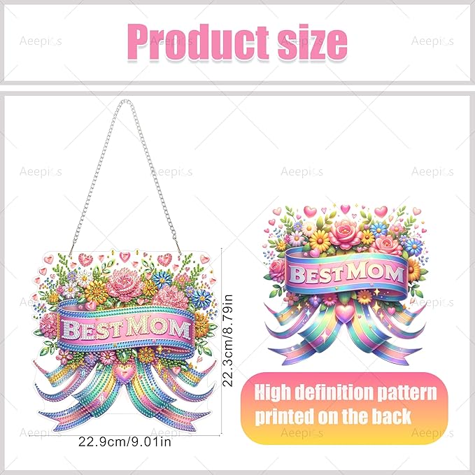 Aeepics Hanging Diamond Art Kit for Adult Mother's Day, DIY Diamonds Painting Pendant Ornament Kit, Acrylic Diamond Art Painting Board Kit (Best Mom)