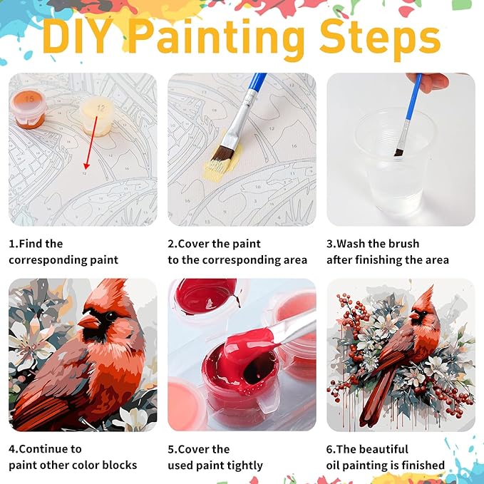 Cardinal Paint by Numbers for Adult, Cardinal Paint by Numbers Kit for Adults Beginners, DIY Acrylic Painting on Canvas for Home Wall Art Decor 16x16Inch