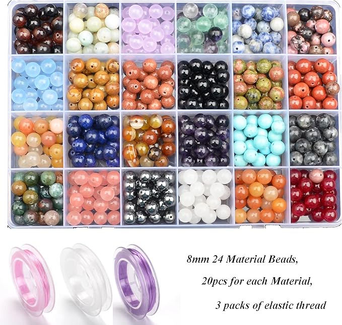 8mm natural mixed materials gemstones beads tiny spacer round loose beads jewelry making kit with thread 480 pcs(24 natural, 8mm)