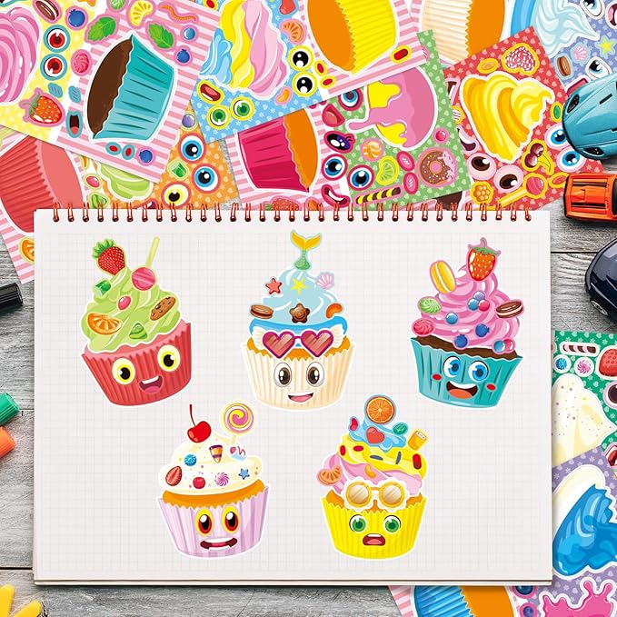 24 sheets 8.27''×5.9'' make your own cupcake stickers for kids toddlers, make a face stickers for kids party favors activities