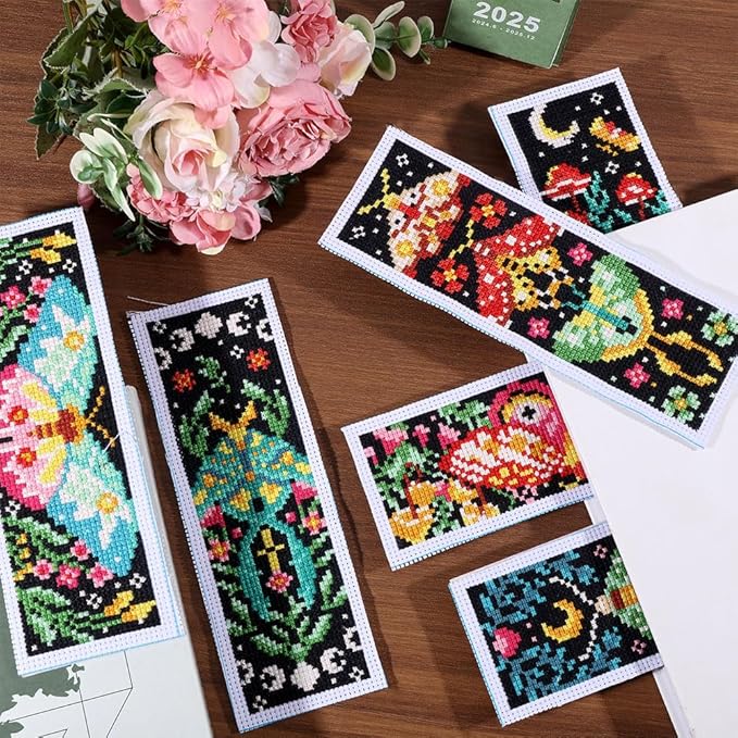 ORIGACH 6 Pcs Cross Stitch Bookmark Kit for Beginner Adults, Vivid Moths Stamped Embroidery Bookmark Kit with Instruction for Starters Printed Cross Stitch DIY Kits for Book Lovers