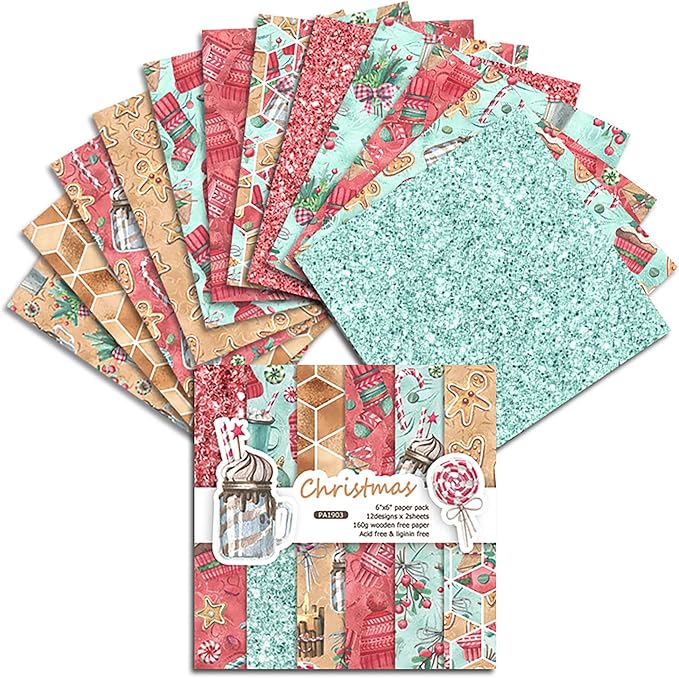 Christmas Pattern Scrapbook Paper, 6 Inch Card Production Supplies, 24 Sheets Single Sided Acid-Free Cardstock Greeting Card, Handmade Gift Journaling Craft Kits (A-style)