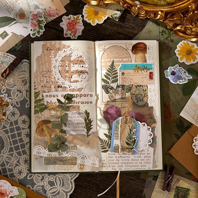 Flartmo 313 Pcs Complete Scrapbook Supplies Kit, Vintage Scrapbook Paper & Nature Flower Stickers, Junk Journal Scrapbooking Supplies Kit for Journaling, Scrapbooking Embellishments, Planner, Card